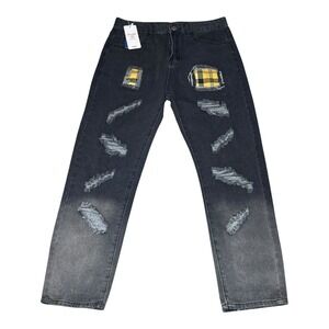 NWT Y2K‎ ROMWE Black Distressed Ripped Jeans with Yellow Plaid Patches W32 L28